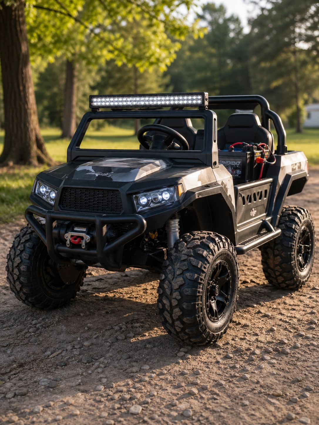 Custom Lifted Ride-On Toy Car with LED Light Bar Custom ride-on toy off-road vehicle with lifted suspension, oversized tires, and LED light bar on a dirt driveway