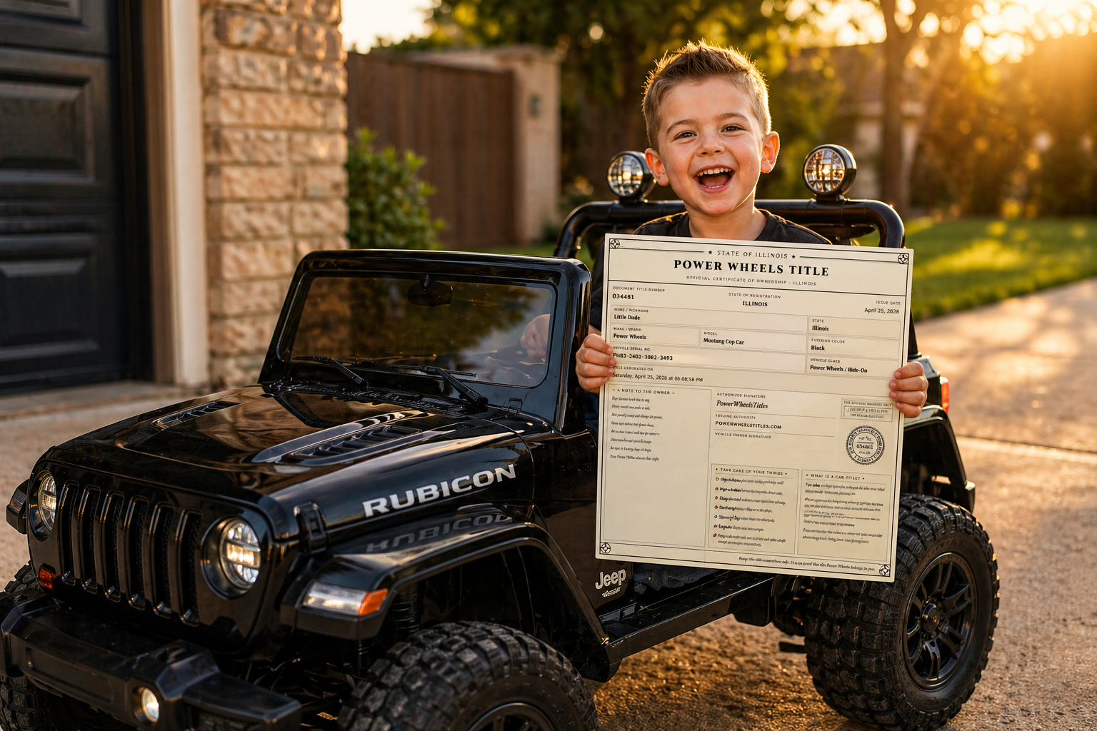 Kid holding Power Wheels title certificate on ride-on Jeep