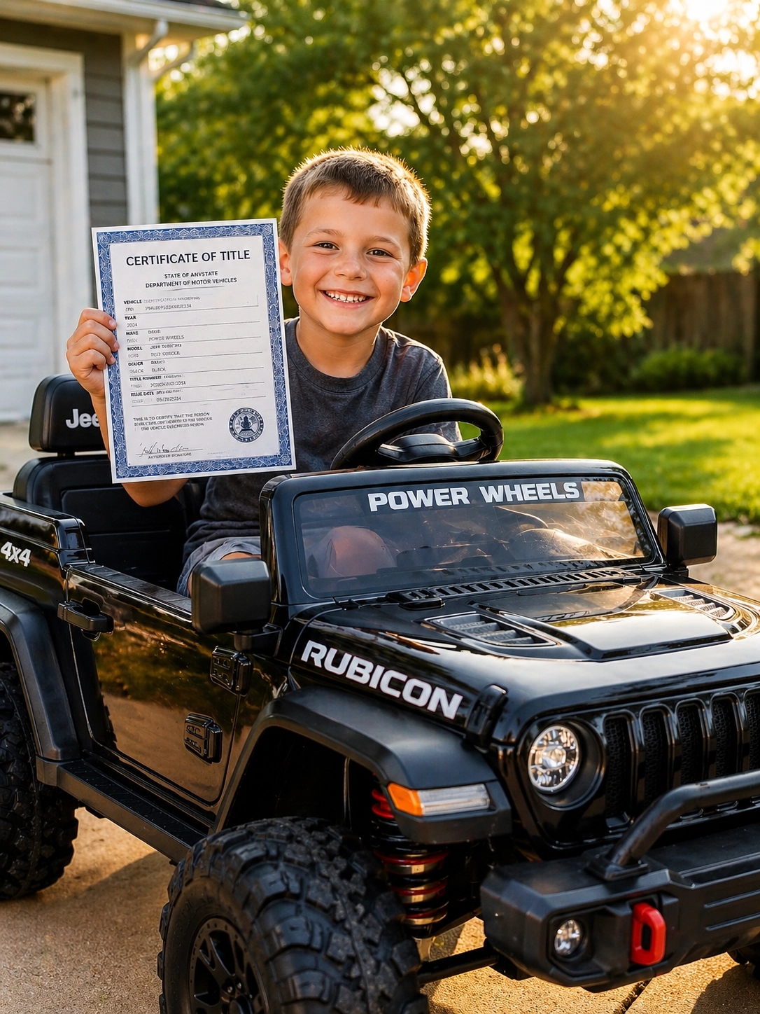Kids Power Wheels Title Certificate with Ride On Jeep Smiling child holding a toy vehicle certificate of title while sitting in a Power Wheels style ride on jeep outdoors
