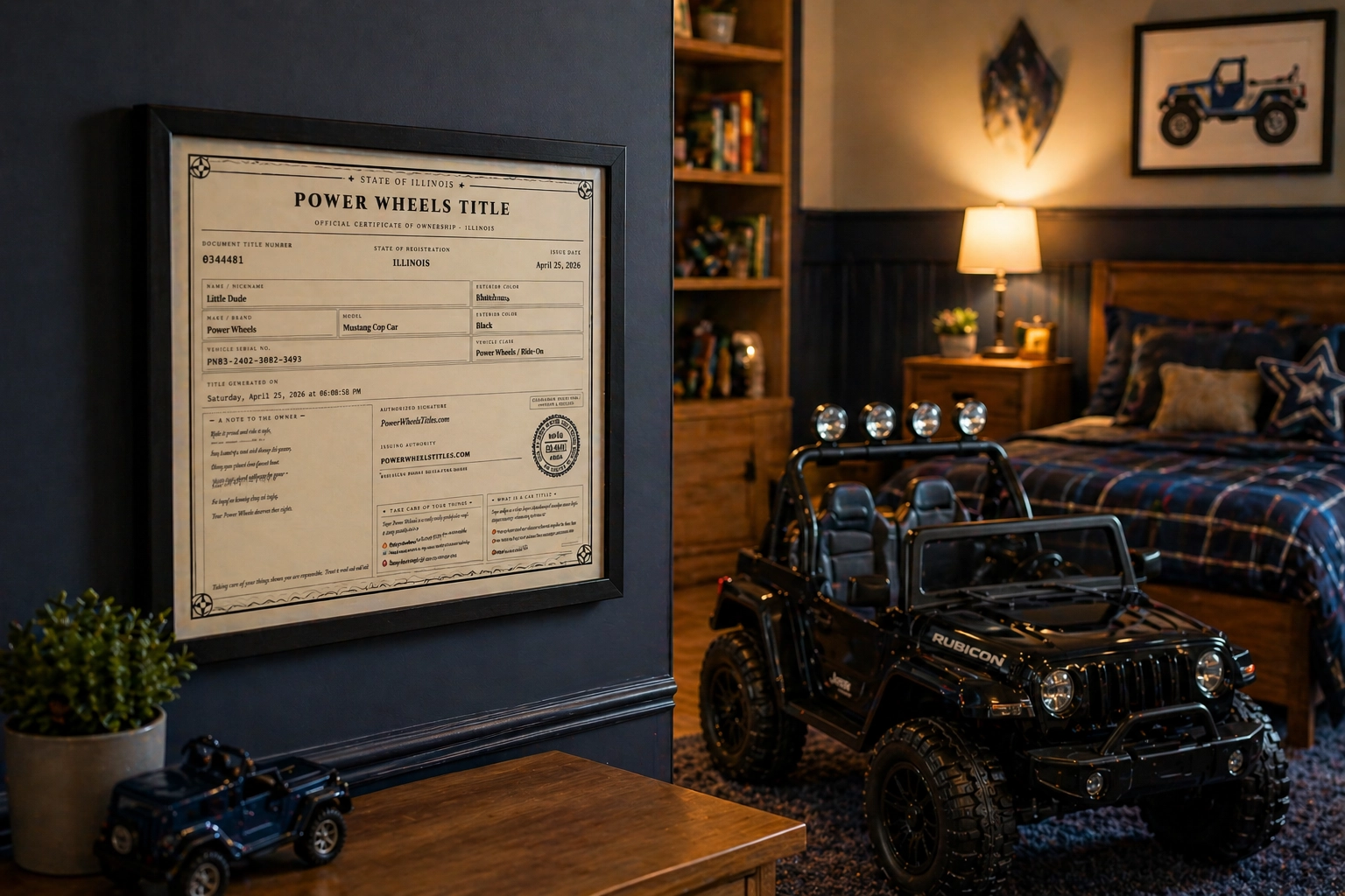 Power Wheels title certificate framed on kids bedroom wall