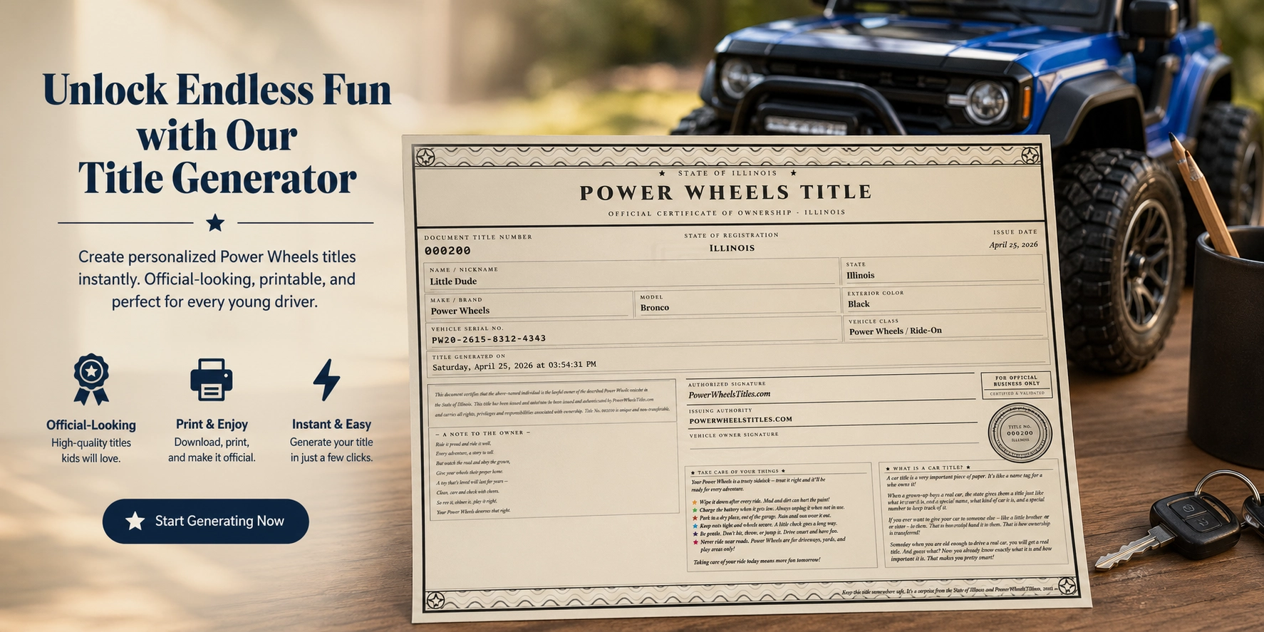 Power Wheels title certificate displayed on desk next to ride on toy vehicle and laptop title generator setup
