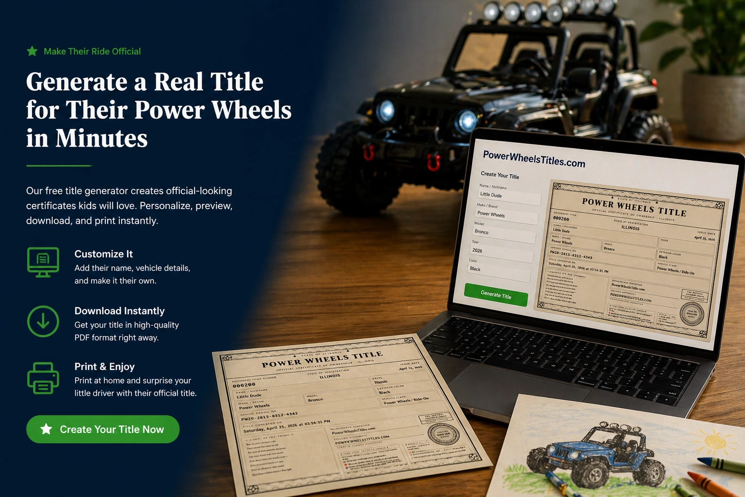 Laptop showing Power Wheels title generator with printed toy vehicle certificates and customized kids ride on car title paperwork
