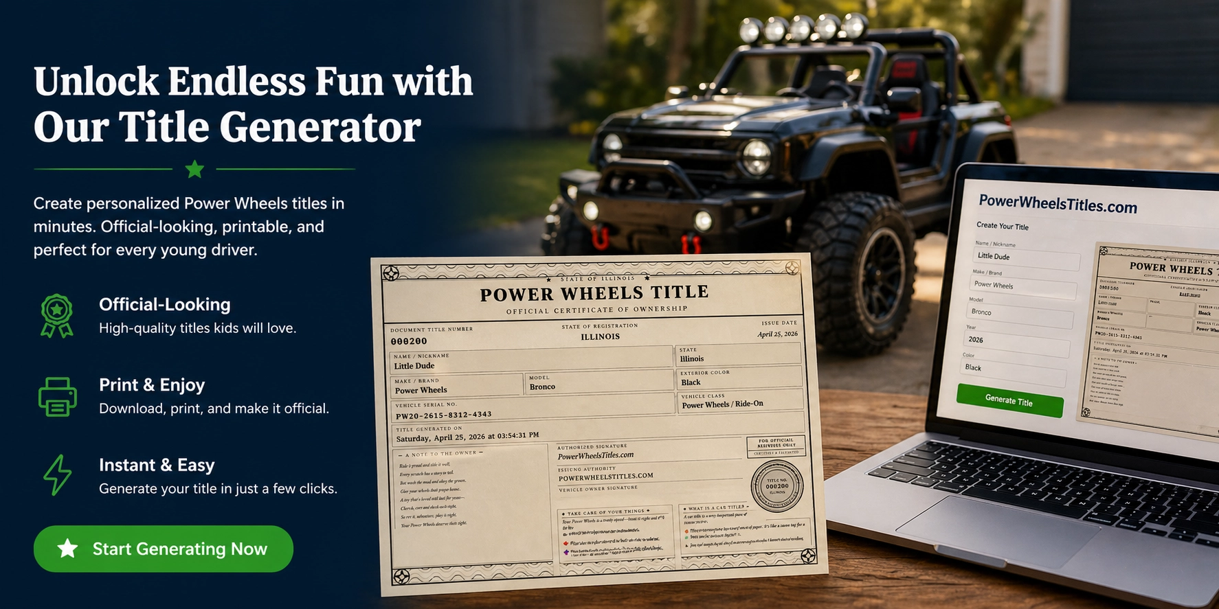 Generate Your Official Power Wheels Title — Free, Instant, Printable