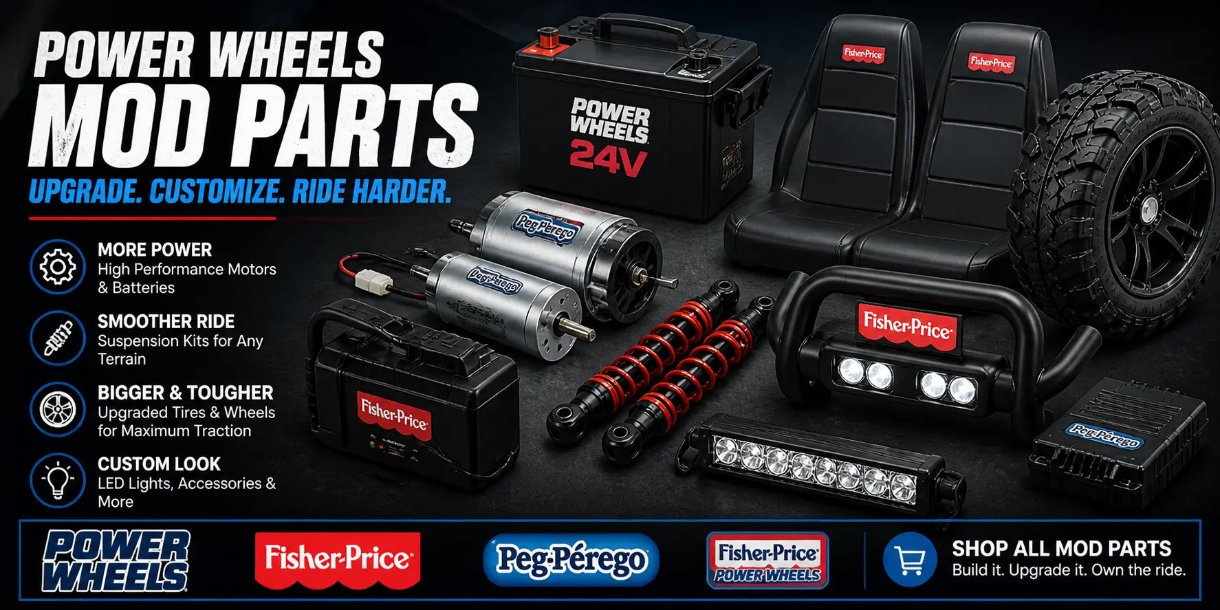 power-wheels-mod-parts-upgrades-batteries-motors-wheels-banner Power Wheels mod parts including 24V batteries, motors, suspension kits, tires and LED upgrades for ride-on toys